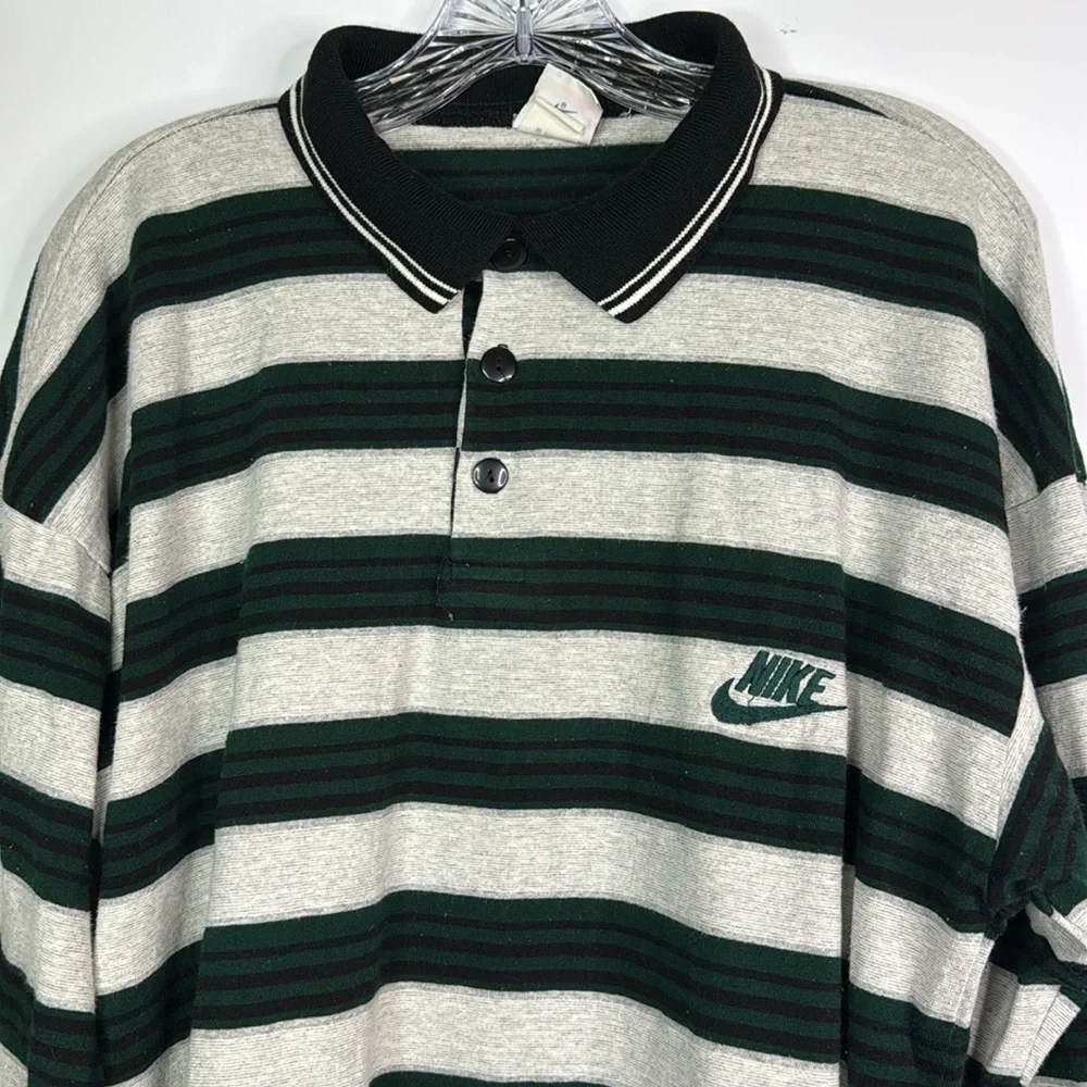 Vintage Nike Green Gray Black Striped Long Sleeve Polo Rugby Shirt XL 90s